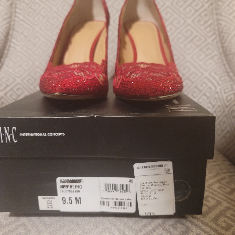 INC Womens Red Lace Rhinestone Kyomi Pointed Toe Stiletto Slip On Pumps